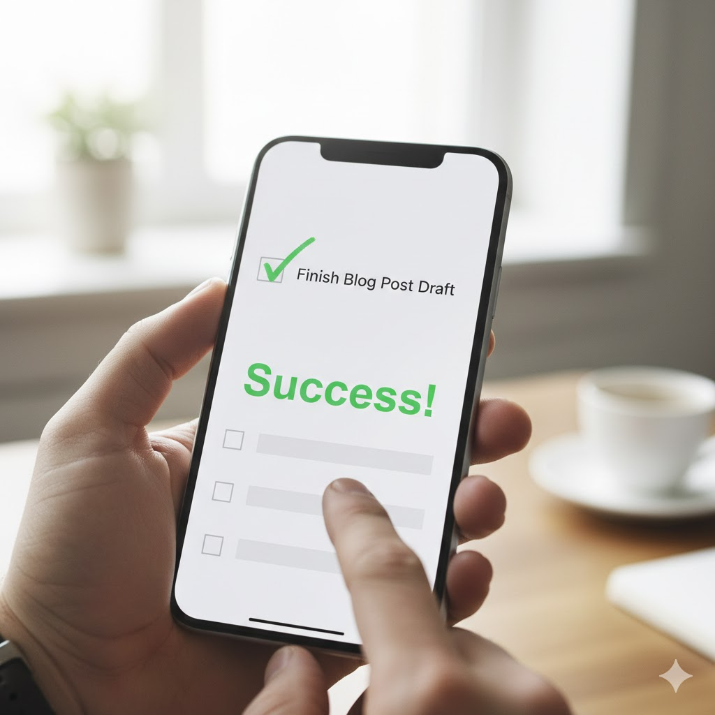 WorklessOS 로직을 적용해 오늘의 단 한 가지 할 일을 완료한 스마트폰 화면. AI 생성 이미지.