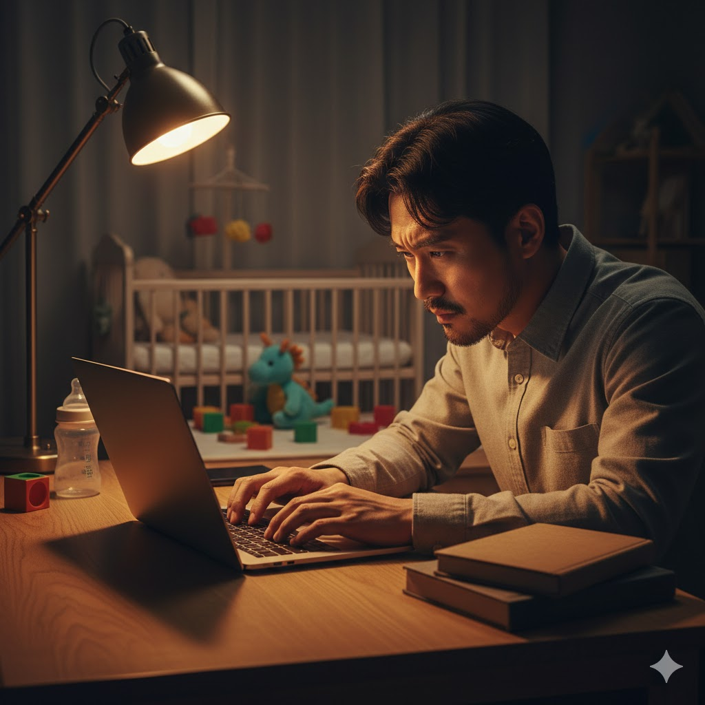육아휴직 중 번아웃을 겪으며 노트북 앞에 앉아 있는 30대 가장의 모습. AI 생성 이미지