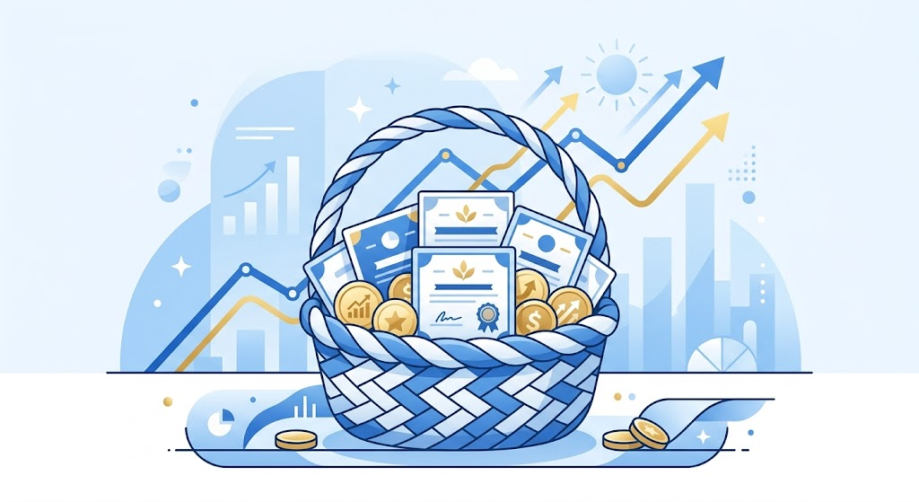 ETF 투자 기초 개념 — 여러 종목을 한 바구니에 담는 분산투자 구조 일러스트